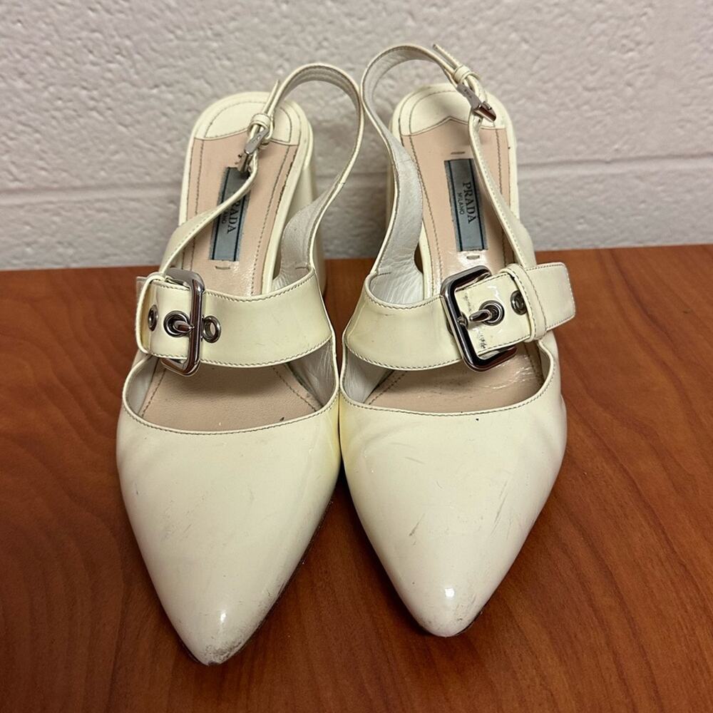 Prada Off White Patent Leather Mary Jane Slingback Block Heel Pumps Size 37.5 - Picture 2 of 16